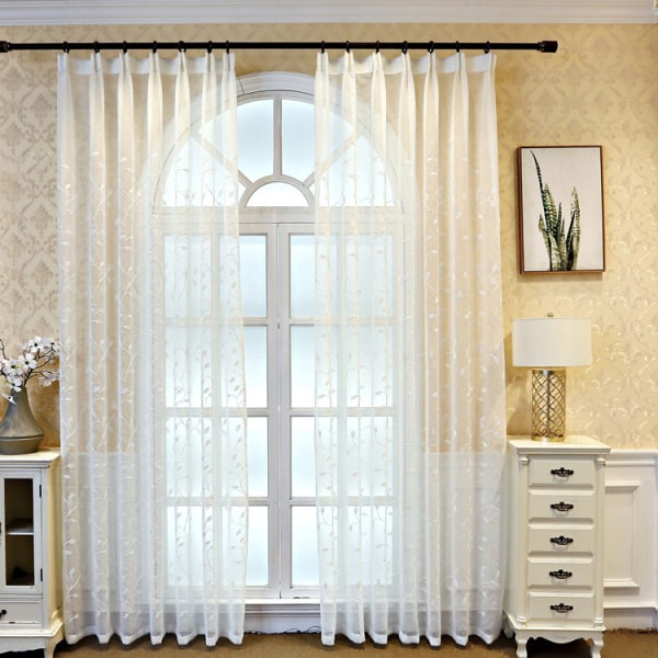 2 pieces white embroidered leaf pattern curtains