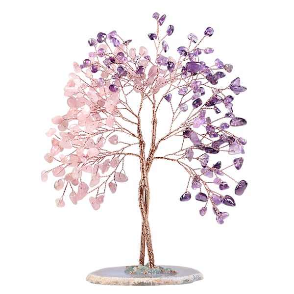 Handgjord Kristallpengaträd med Agatbas, Livets Träd Feng Shui Bonsai Heminredning för Kärlek, Lycka och Välstånd, Ametist & Rosakvarts