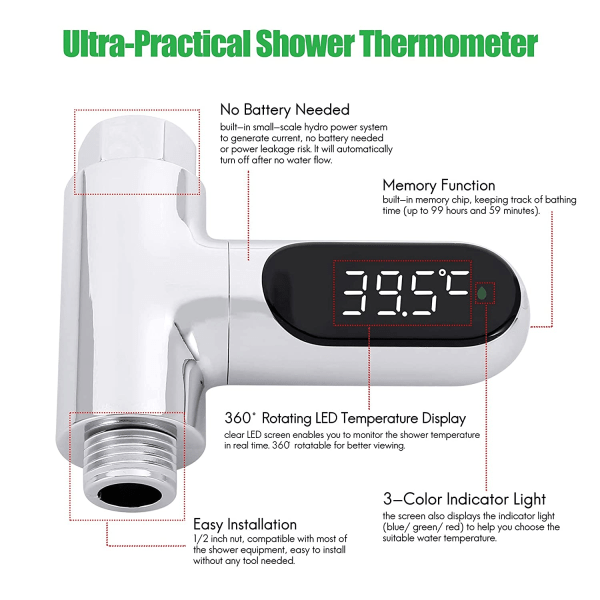 LED-skjerm dusjtermometer automatisk strømmonitor Temperat