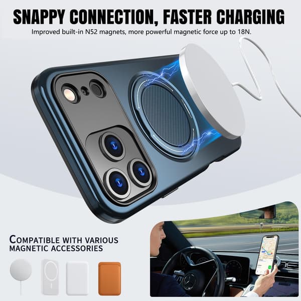 Lämplig för iPhone 16 PRO MAX magnetiskt telefonfodral, stötsäkert telefonfodral, med 360° roterande metallringstativ (stöder MagSafe) Blue