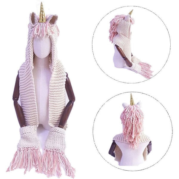 Flickor Huva Hatt Halsduk Unicorn Tofs Ull Vinter Stickad Sjal