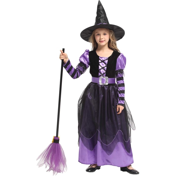 Häxdräkt för tjejer - Halloweendräkt med hatt och bälte XL(130-140)