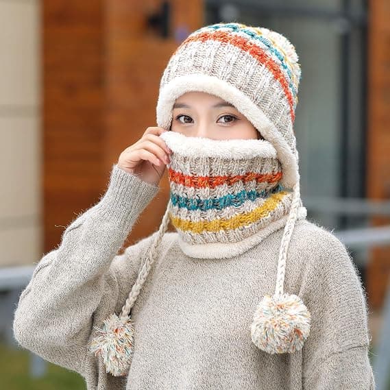 Damer Vinter Beanie Hat Peruviansk Cirkel Hætte Sæt Ski Øreklapper