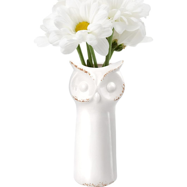 Hvid keramisk vase, sød ugle blomster vase til pejs, soveværelse,