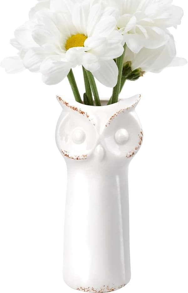 Vit keramisk vas, söt uggla blomvas för öppen spis, sovrum,