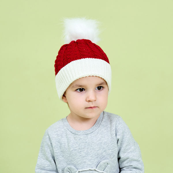 Jul Stickad Mössa för Barn Varm Solid Ull Boll Cap (Röd)