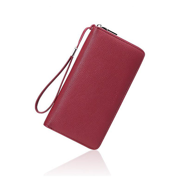 Damepung RFID Blokerende Læder Zip Around Pung Stor Kapacitet Lang Pung Kreditkort Clutch Wristlet - Bourgogne