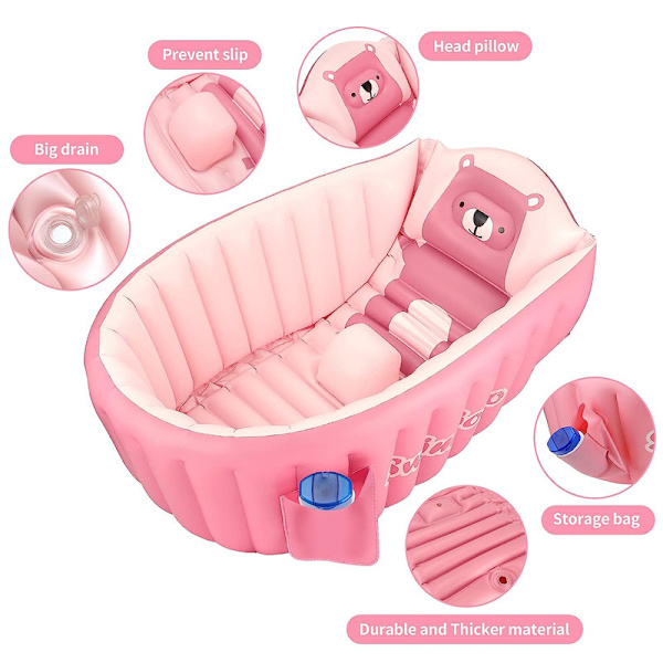 Uppblåsbar badbalja för småbarn, halkfri säkerhetstjock kudde central sits, bärbar resebadstol baby simbassäng för 0-5 år, rosa