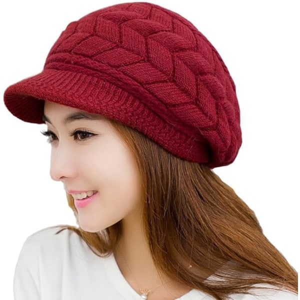 Women's winter hat with visor, wine red