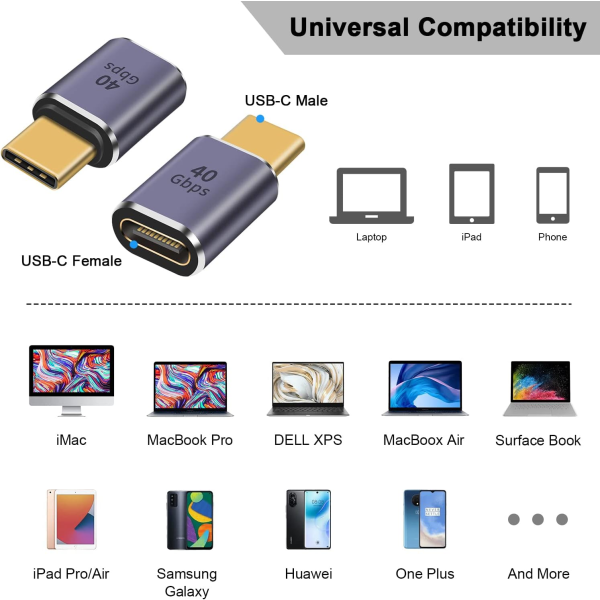 40 Gbps USB C-forlængeradapter, 2-pak USB C 8K@60Hz han til hun