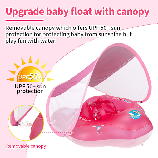Baby Simningsfloat Uppblåsbar Baby Pool Float Ring Nyaste med Solskyddskåpa, Lägg till Svans Ingen Vändning för Ålder 3-36 Månader, RÖD L