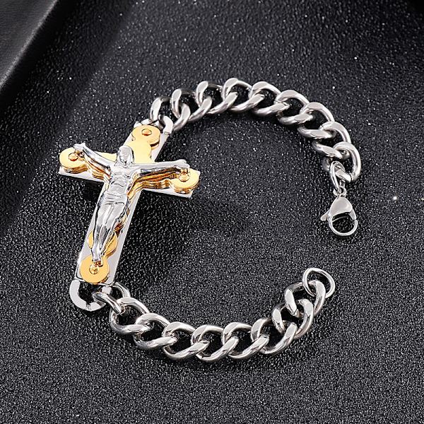 Herre Armband i Rostfritt Stål med Jesus Kristus Krucifix Kors - Länkkedja - Polerad