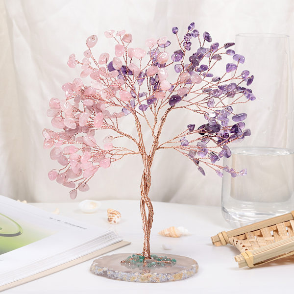 Handgjord Kristallpengaträd med Agatbas, Livets Träd Feng Shui Bonsai Heminredning för Kärlek, Lycka och Välstånd, Ametist & Rosakvarts