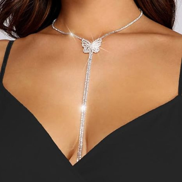 Sommerfugl Choker Halskæder Sølv Rhinestone Halskæde Lang Kæde