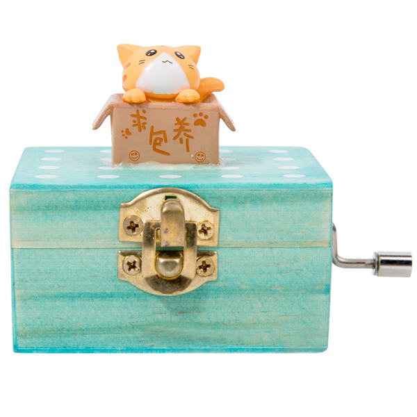 Presentförpackad trä handvev mini musikbox med söt katt Yellow