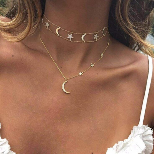 Gullmåne og stjerner halskjede for kvinner mote gull choker halskjede