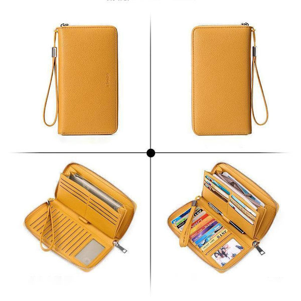 Damepung RFID Blokerende Læder Lynlås Pung Stor Kapacitet Lang Pengepung Kreditkort Clutch Wristlet - Gul