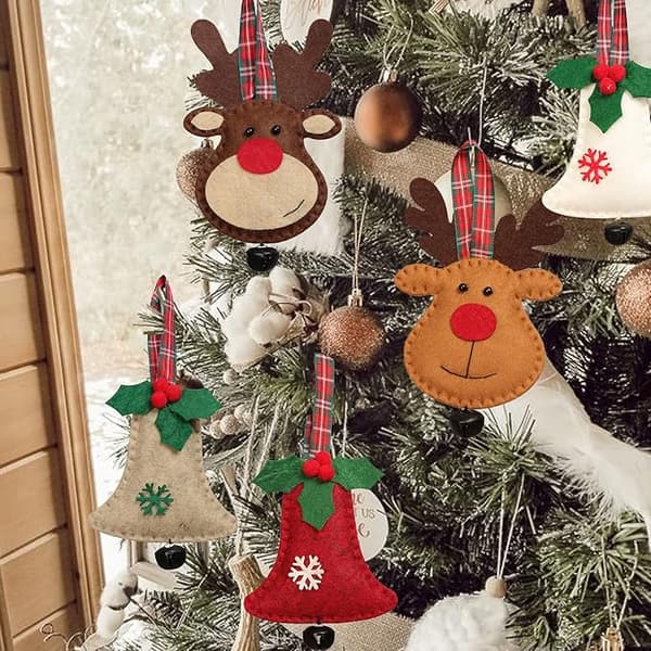 6-pack julgransprydnader, 3D plyschklockprydnader, handgjorda
