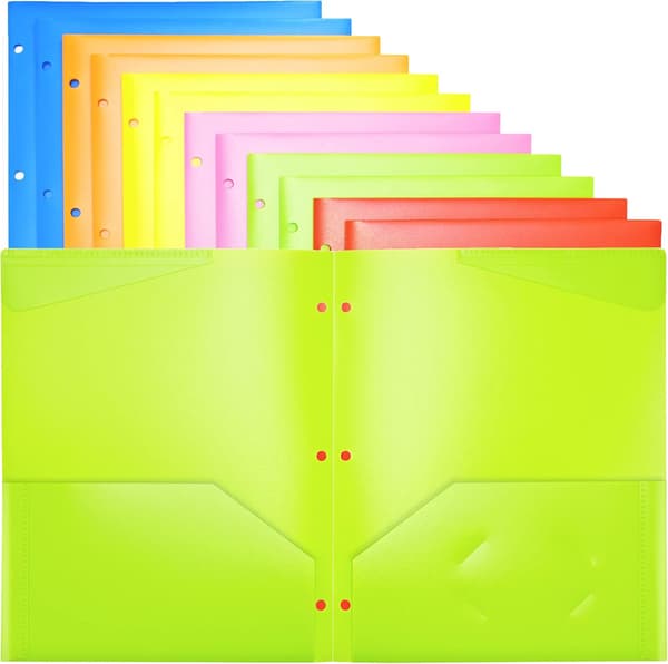 12-pack kraftiga mappar med fickor och 3 hål, extra