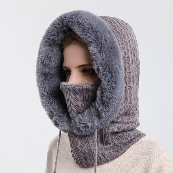 Women's One-Piece Loose Wool Beanie Mask Drawstring Hooded Winte