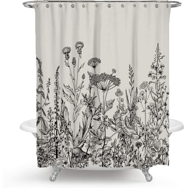 Sort og hvid blomster bruseforhæng, med 12 plastik kroge 200*230cm