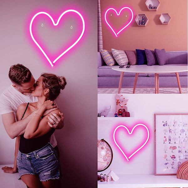 Neon skilte, LED Pink Heart Acrylic Neon skilt til vægkunstindretning,