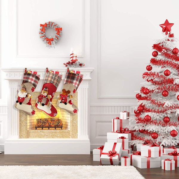 Julstrumpor, 18\" Set om 3 Jultomte, Snögubbe, Ren, 3D P