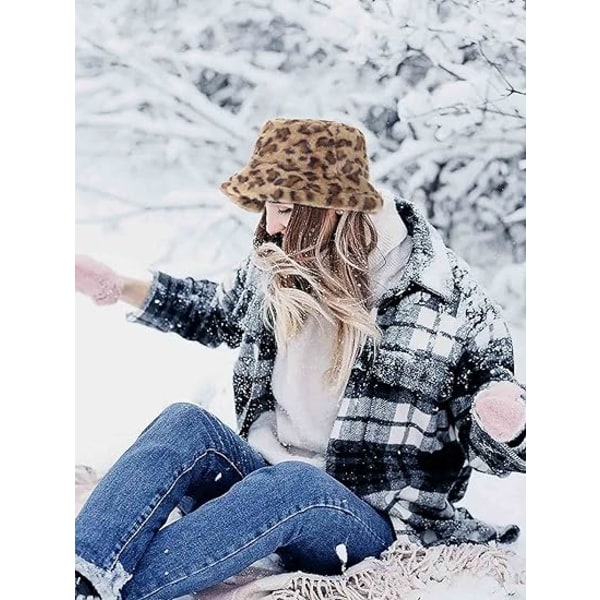 Vinter Faux Bucket Hat Leopard Print Uld Plys Bucket Hat Tyk