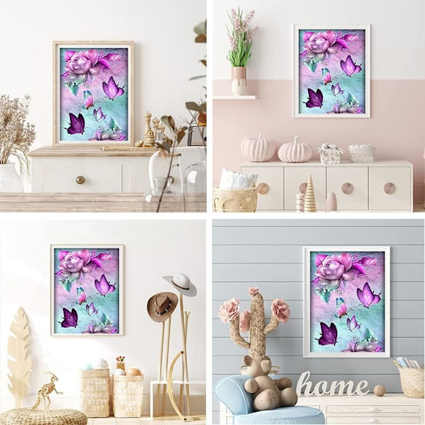 DIY 5D diamantmaleri sommerfugl og lilla blomst, diamantkunst