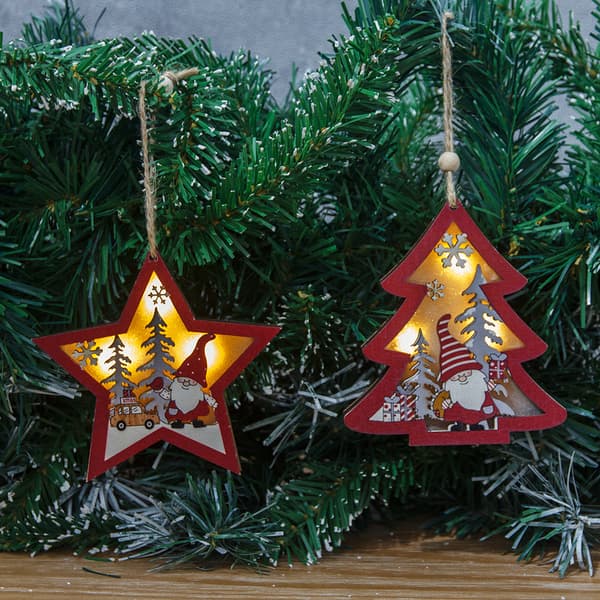 2 st juldekorationer med trähänge lampa tomte