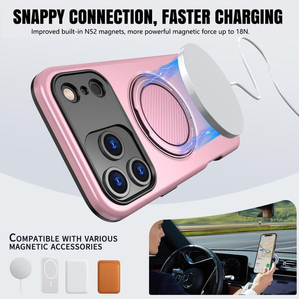 Lämplig för iPhone 16 PRO magnetiskt telefonfodral, stötsäkert telefonfodral, med 360° roterande metallringstativ (stöder MagSafe) Pink