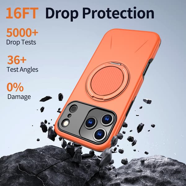 Lämplig för iPhone 16 PRO MAX magnetiskt telefonfodral, stötsäkert telefonfodral, med 360° roterande metallringstativ (stöder MagSafe) Orange