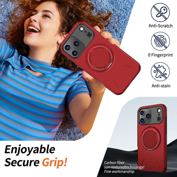 Lämplig för iPhone 16 PRO MAX magnetiskt telefonfodral, stötsäkert telefonfodral, med 360° roterande metallringstativ (stöder MagSafe) Red
