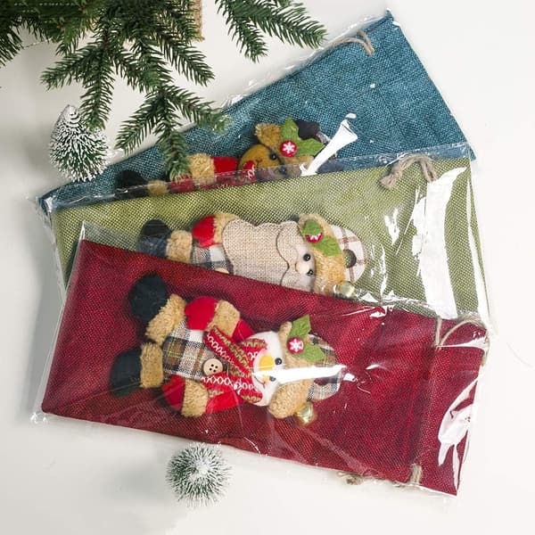 3-pack julgransflaska presentpåsar, säckväv dragsnöre påsar w