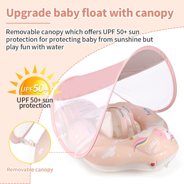 Baby Simningsfloat Uppblåsbar Baby Pool Float Ring Nyaste med Solskyddskåpa, Lägg till Svans för att förhindra Vändning för ålder 3-36 Månader, Rosa L
