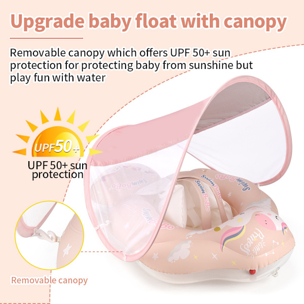 Baby Simningsfloat Uppblåsbar Baby Pool Float Ring Nyaste med Solskyddskåpa, Lägg till Svans för att förhindra Vändning för ålder 3-36 Månader, Rosa XL