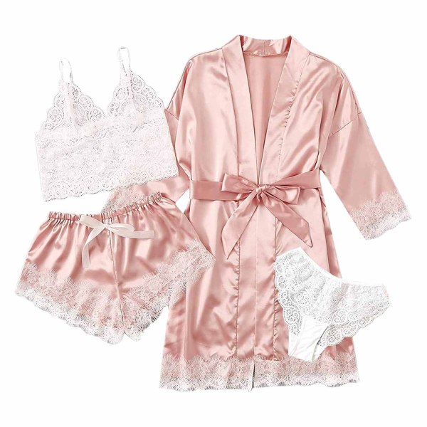 Dam 4-pack blommig spets kamouflage satin pyjamas underkläder set M