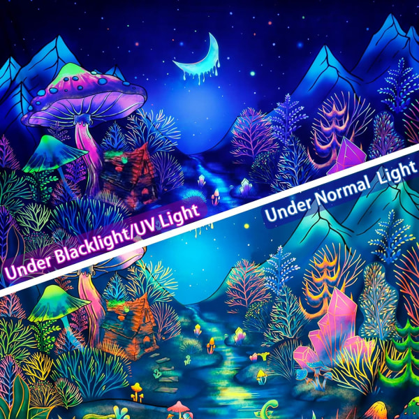 Blacklight Forest Trees Tapestry UV Reactive Mushroom Tapestry F