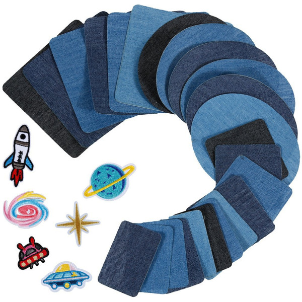 30 stk. patches, 24 stk. denimblå ovale stofpatch 6 stk. stryge-på-pat