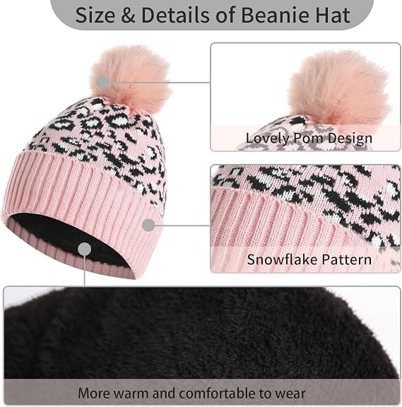 Leopard Beanie Hat Halstørklæde Touch Screen Handsker Sæt med Pom til Wo
