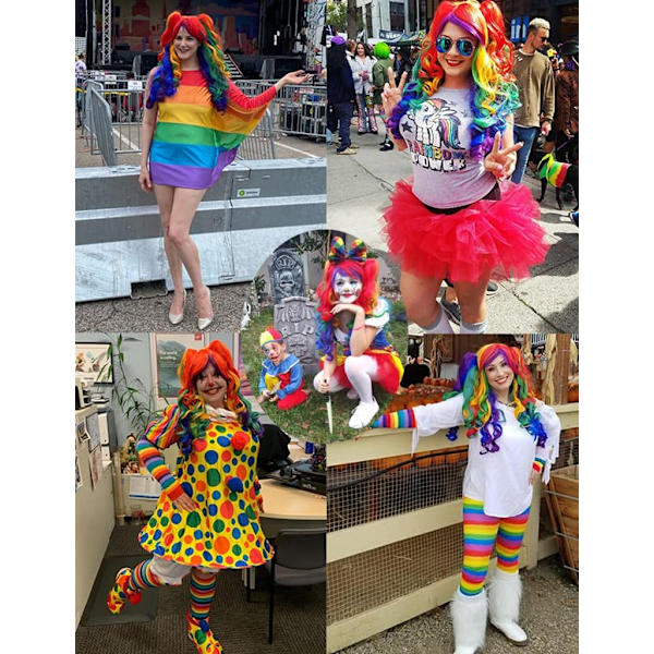 Lång lockig cosplay-peruk med 2 hästsvansar (regnbågsfärg)