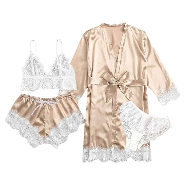 Dam 4-pack blommig spets kamouflage satin pyjamas underkläder set L