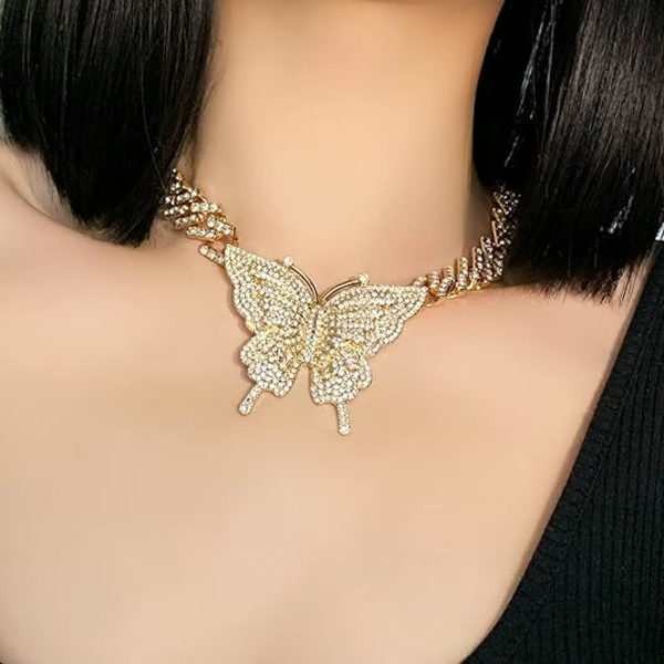 Cubansk lenkekjede Charm Butterfly Halskjeder for kvinner Rhinestone