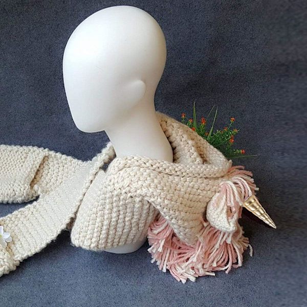Flickor Huva Hatt Halsduk Unicorn Tofs Ull Vinter Stickad Sjal