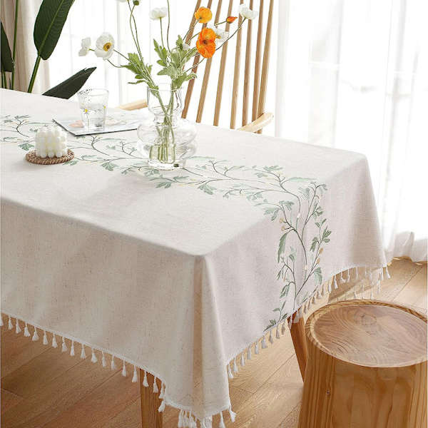 Broderad Duks, Rustik Lanthus Stil Köksbordstyg Blå Bordduk, Smutsavvisande Bomullslinne Rektangulära Borddukar, Blå 140*260cm