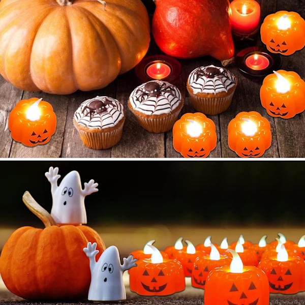 24-pack realistiska pumpa LED-ljus, Halloween-dekorationer, flimmerfria batteridrivna pumpa-telampor med varmt vitt ljus för inomhus- och utomhusdekorationer
