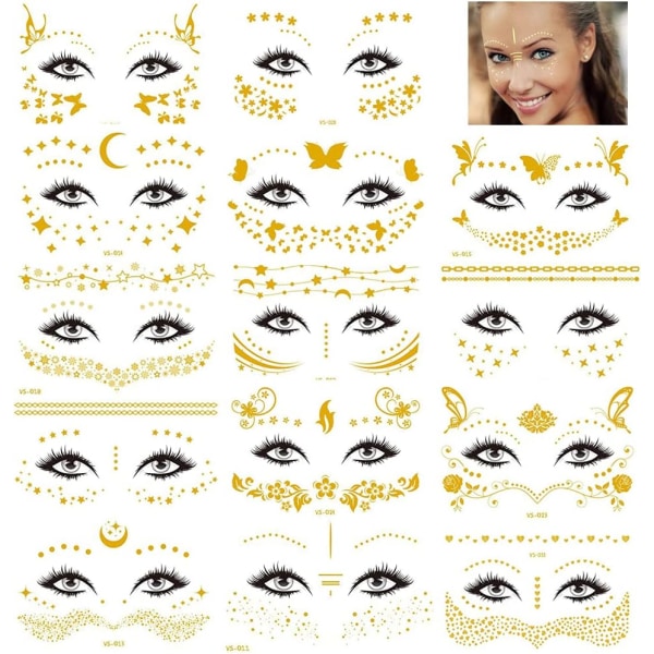 14 ark med midlertidige ansiktstatoveringer, ansiktsklistermerker glitter gull Met