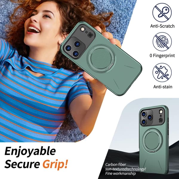Lämplig för iPhone 17 Pro Max magnetiskt telefonfodral, stötsäkert telefonfodral, med 360° roterande metallringstativ (stöder MagSafe) Gray-green