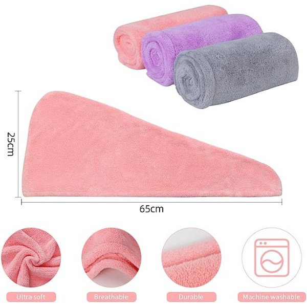 3 stk. Superabsorberende Mikrofiber Turban Håndklæde