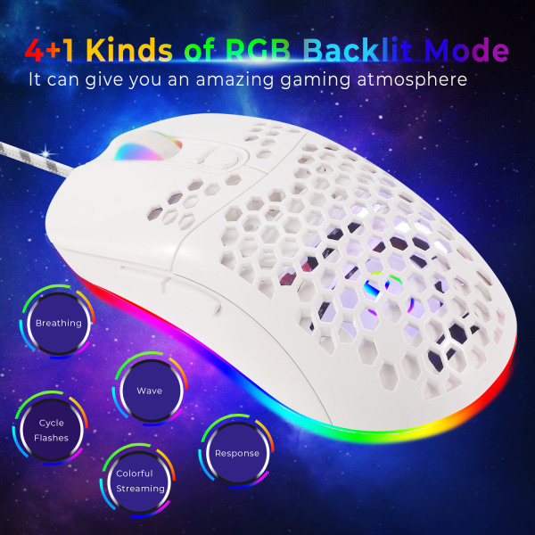 Lett kablet datamus 5 RGB bakgrunnsbelyst Type-C 7200 DPI f